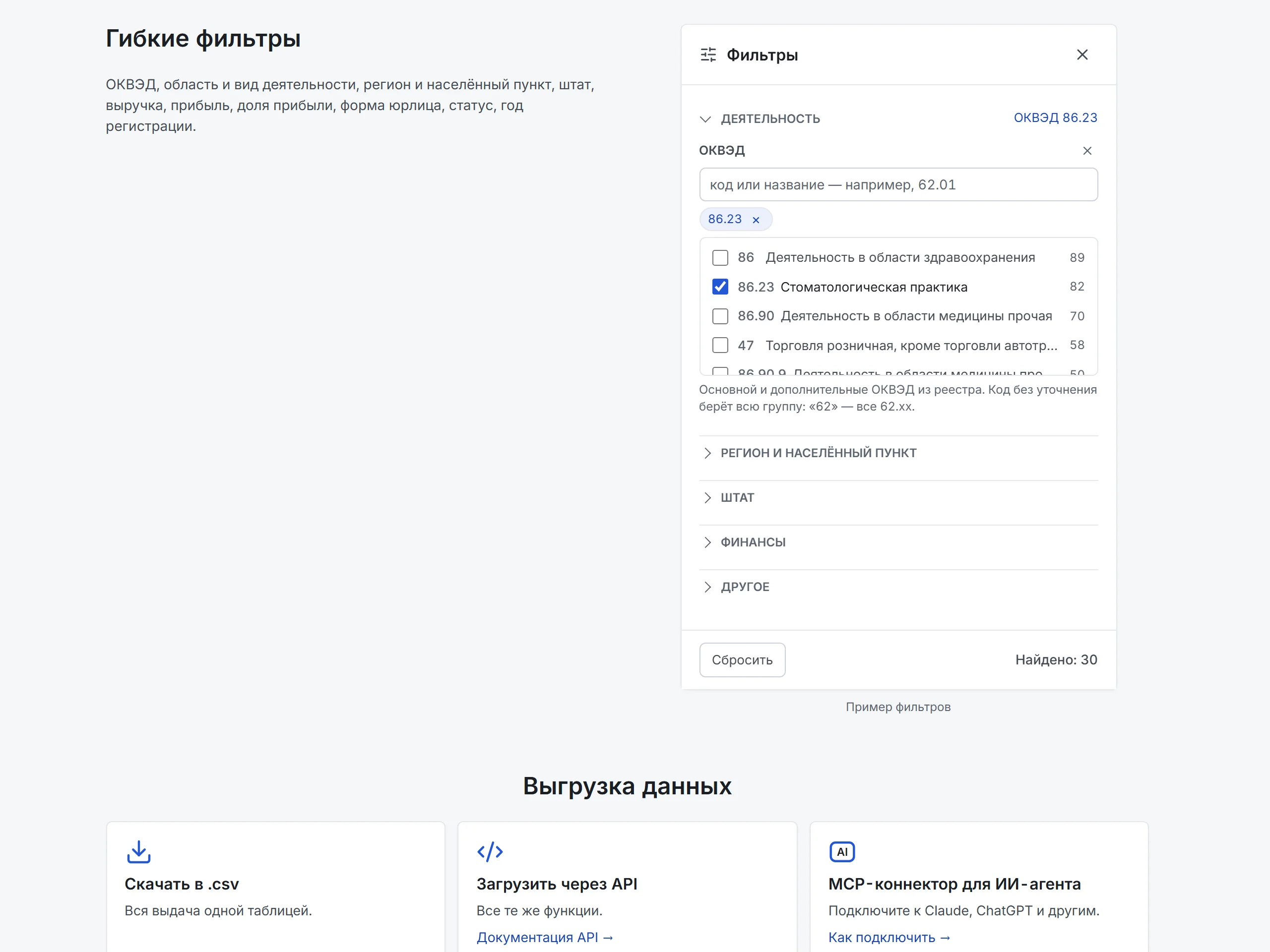 КтоУмеет.рф: гибкие фильтры — ОКВЭД, регион, штат, выручка, прибыль, форма, статус